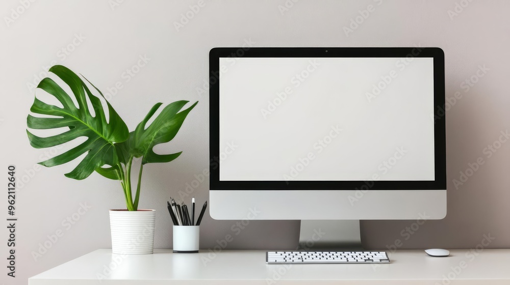 Minimalist desk setup with a sleek computer, a cup of coffee, and minimal accessories, ideal for a modern professional Minimalist desk setup with a sleek computer, a cup of coffee, and minimal accessories, ideal for a modern professional