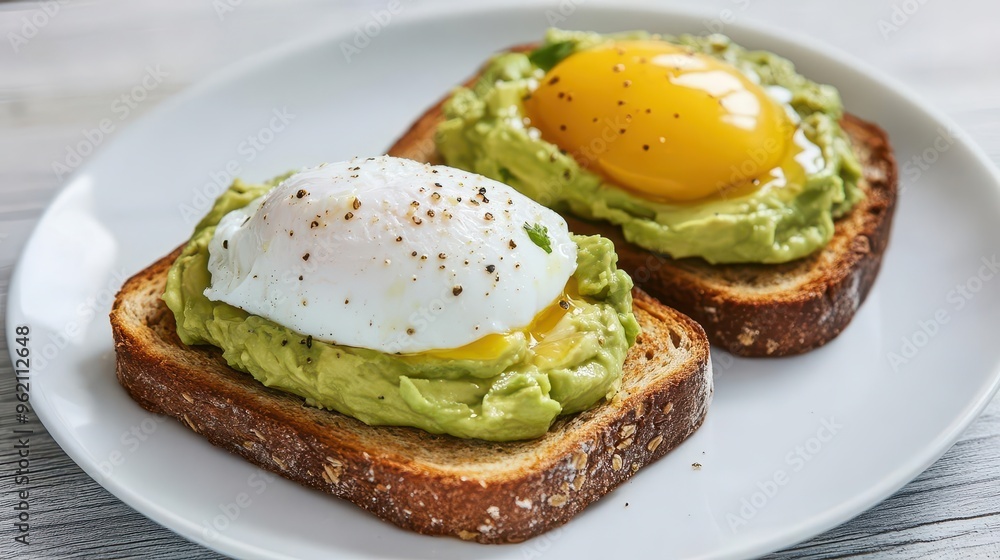 Whole grain toast topped with mashed avocado and a poached egg, brain-boosting breakfast, nutrient-packed and delicious Whole grain toast topped with mashed avocado and a poached egg, brain-boosting breakfast, nutrient-packed and delicious