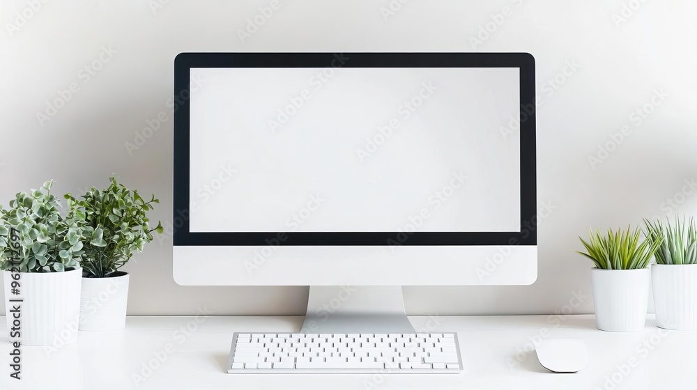 Minimalist desk setup with dual monitors, white keyboard, and an empty notepad, symbolizing a fresh start to work Minimalist desk setup with dual monitors, white keyboard, and an empty notepad, symbolizing a fresh start to work