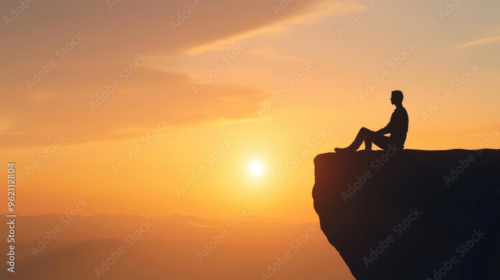 A peaceful silhouette of a person sitting on a cliff, watching a beautiful sunset over the horizon. A peaceful silhouette of a person sitting on a cliff, watching a beautiful sunset over the horizon.