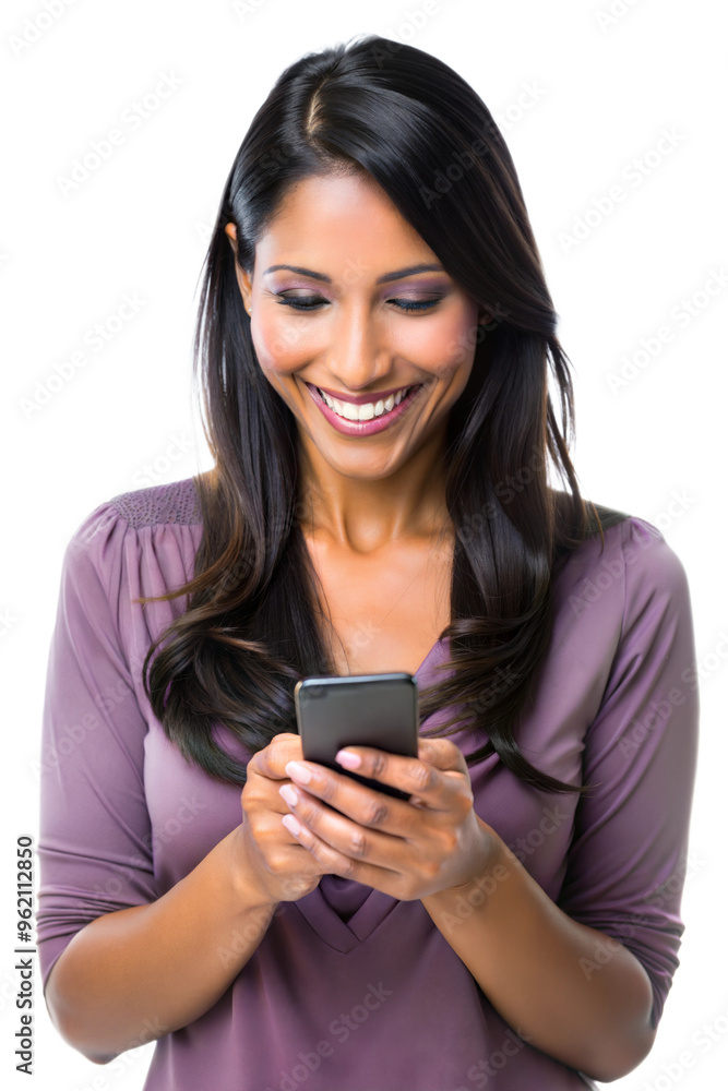 Smiling woman texting on smartphone, cut out transparent Smiling woman texting on smartphone, cut out transparent