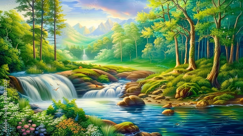 Fototapeta premium Enchanted Forest Waterfall A Serene Landscape Painting, Oil on Canvas, Vibrant Colors, Lush Greenery, Water Features, Tranquility, Nature