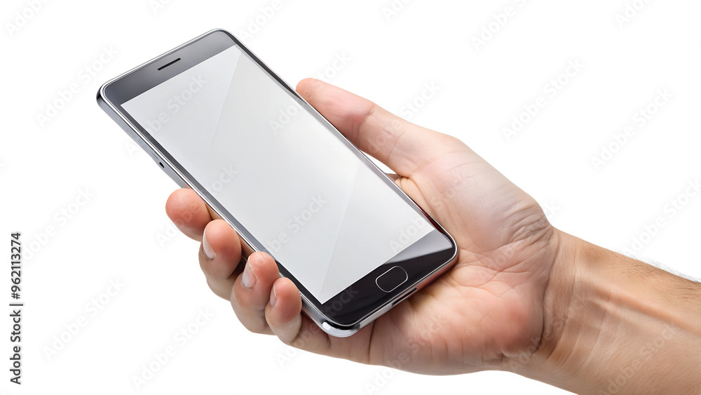 Hand holding a smartphone with a blank screen, cut out transparent Hand holding a smartphone with a blank screen, cut out transparent