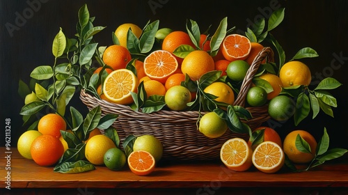 A rustic wooden table displays a wicker basket brimming with an assortment of citrus fruits??ranges, lemons, limes, and grapefruits??estled amidst verdant leaves. 