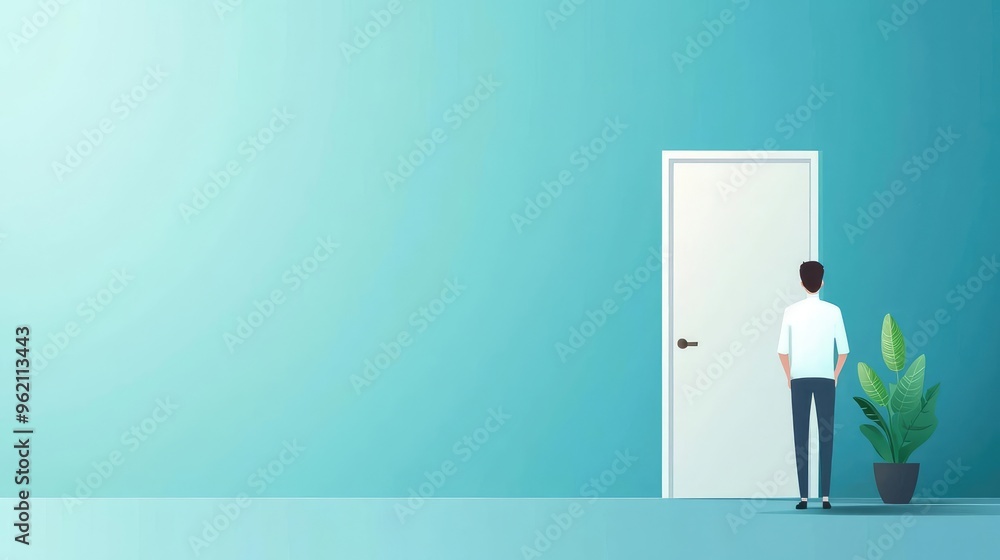 A person stands before a closed door, contemplating the possibilities beyond. A serene setting with a green plant adds calmness. A person stands before a closed door, contemplating the possibilities beyond. A serene setting with a green plant adds calmness.