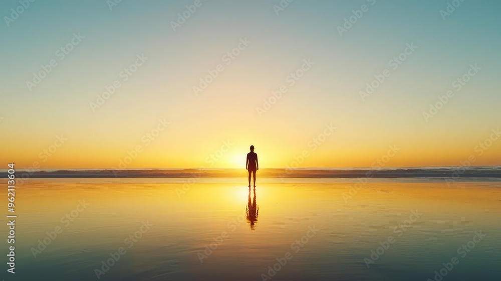Fototapeta premium Silhouette of a person standing on a tranquil beach at sunset, reflecting on the water's surface, creating a serene atmosphere.