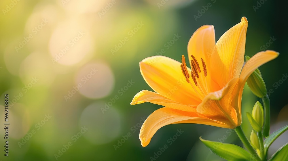Obraz premium A vibrant yellow lily flower blooms gracefully, showcasing its delicate petals and intricate details against a soft blurred background.