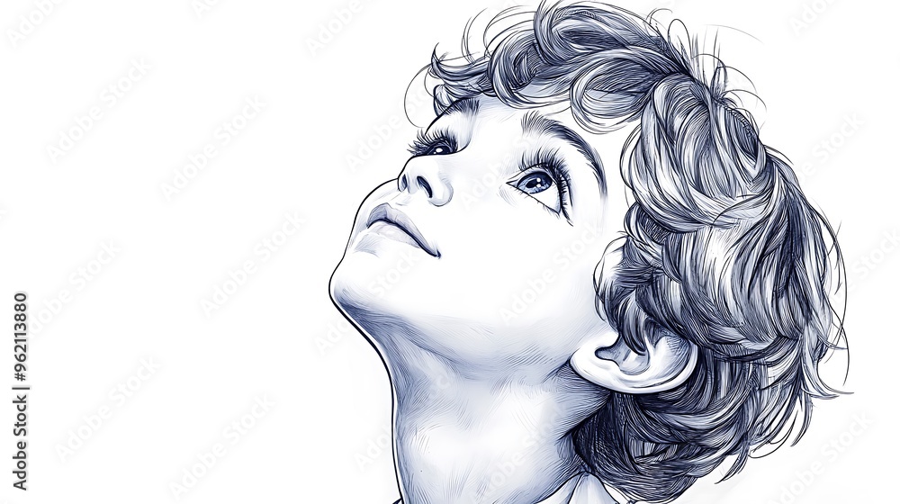 A young boy with curly hair looks up with wonder and hope in his eyes. A young boy with curly hair looks up with wonder and hope in his eyes.
