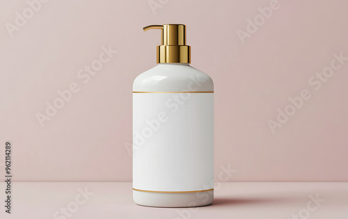 Elegant white lotion bottle with a golden pump on a soft pink background, perfect for beauty product displays.