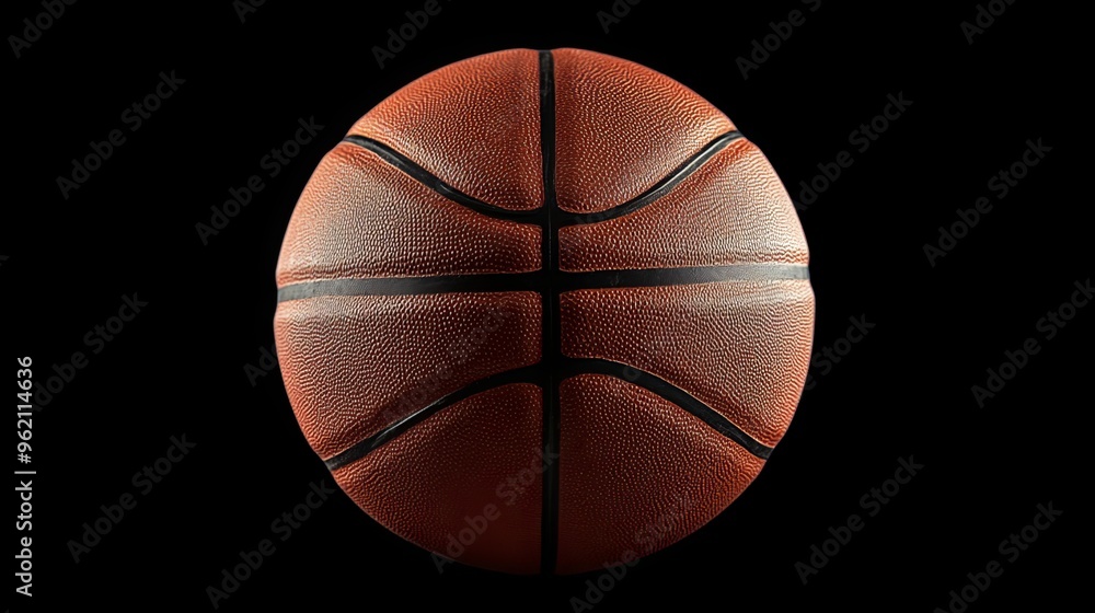 A spherical object used in the sport of basketball, typically made of leather or rubber and inflated with air, is depicted against a black background. A spherical object used in the sport of basketball, typically made of leather or rubber and inflated with air, is depicted against a black background.