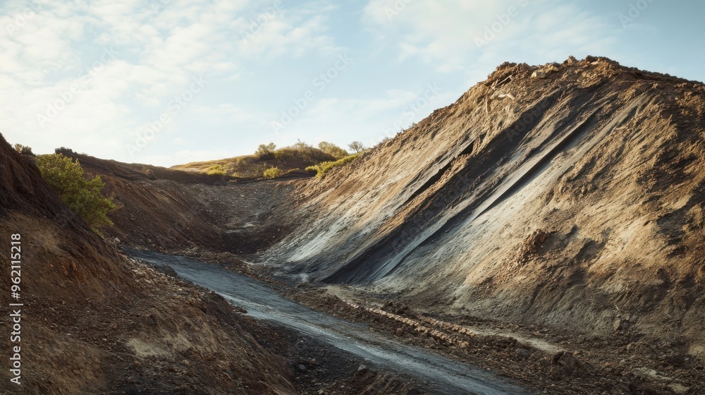 A hillside affected by a landslide, with earth and debris sliding ...