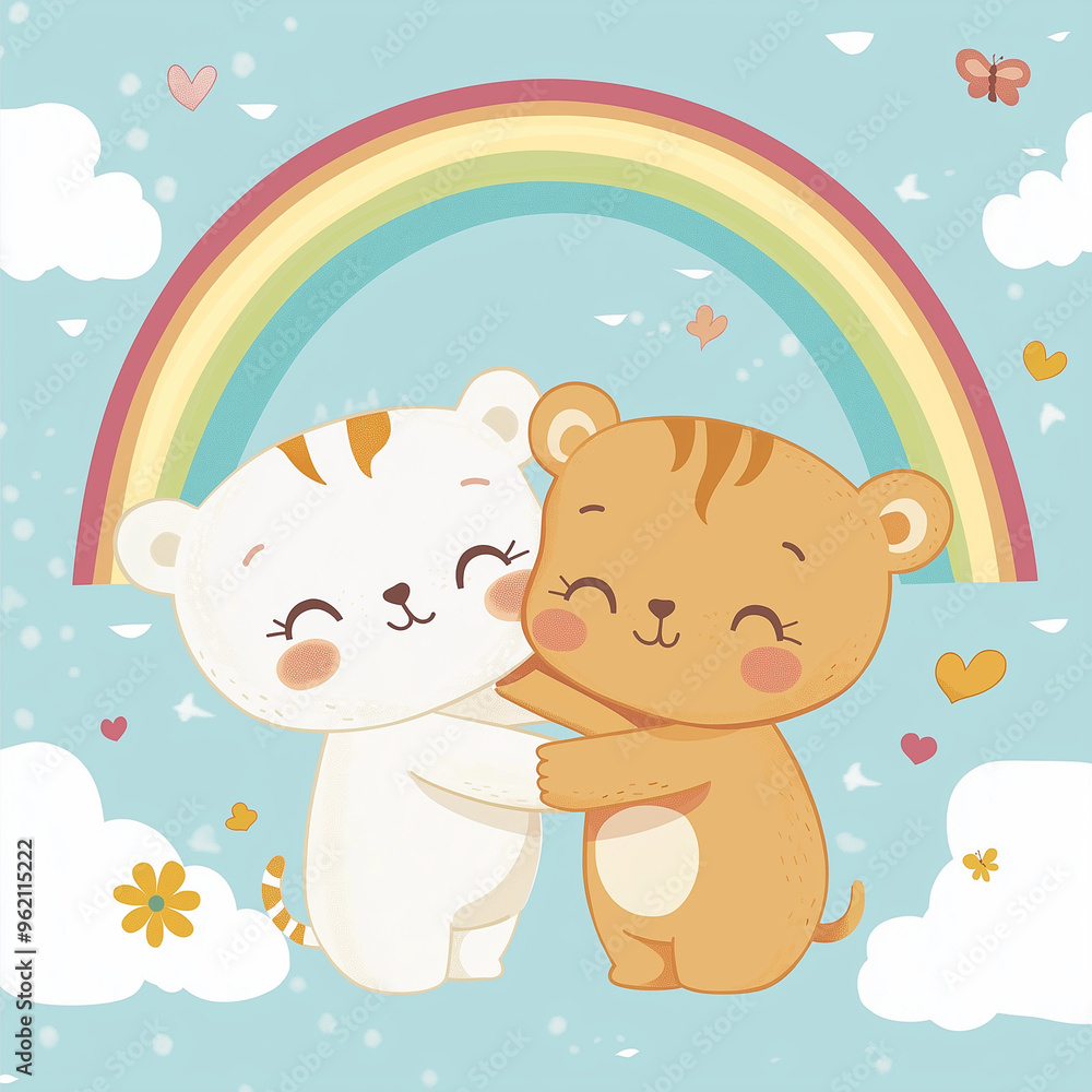 Cute Cartoon Bear Cubs Hugging Under a Rainbow in Whimsical Illustration with Hearts and Clouds Cute Cartoon Bear Cubs Hugging Under a Rainbow in Whimsical Illustration with Hearts and Clouds