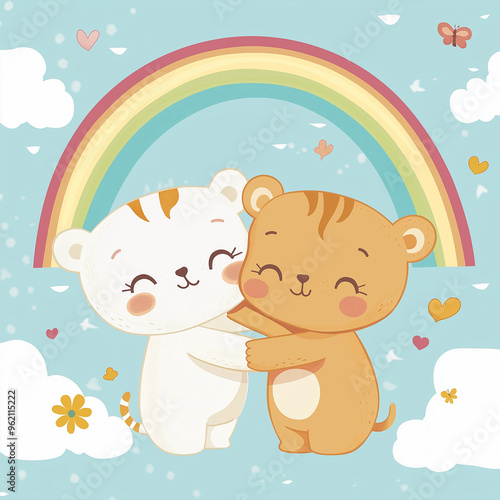 Cute Cartoon Bear Cubs Hugging Under a Rainbow in Whimsical Illustration with Hearts and Clouds