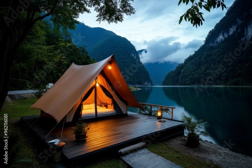 Tent set up by the lake, forest sounds all around, fresh mountain air offers a calming, rejuvenating escape from the hustle and bustle of daily life photo