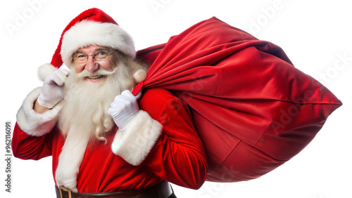 Santa Claus smiling with a large red sack of gifts, cut out transparent photo