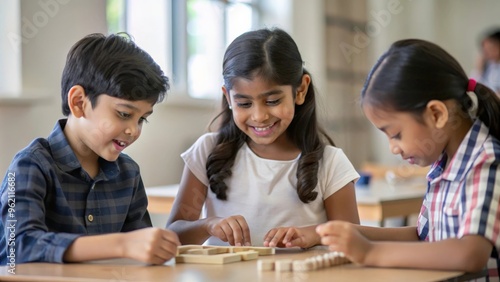 Indian students engaged in educational games in the classroom, combining fun and learning to reinforce concepts. photo