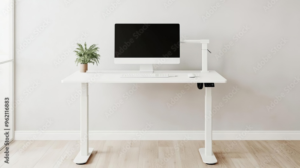 Minimalist workspace with a standing desk, adjustable monitor arm, and minimalist cable management, highlighting ergonomic efficiency Minimalist workspace with a standing desk, adjustable monitor arm, and minimalist cable management, highlighting ergonomic efficiency