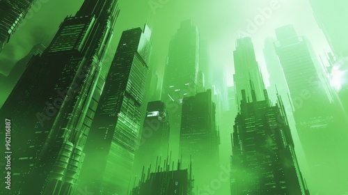 A green-hued futuristic cityscape with towering skyscrapers reaching towards the sky, shrouded in mist. The scene exudes a sci-fi ambiance, emphasizing urban sprawl and advanced architectural design. #962116887