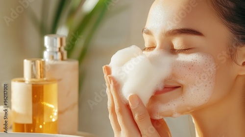 Woman Washing Face with Foaming Cleanser photo