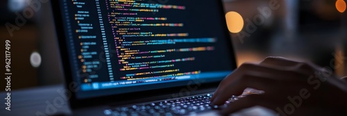 Developer's hands typing on a laptop with lines of code on a black screen in a low-light setting, ideal for software development content photo