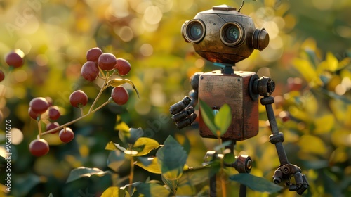 A rusty robot with large eyes stands in a field of green leaves and red berries. photo