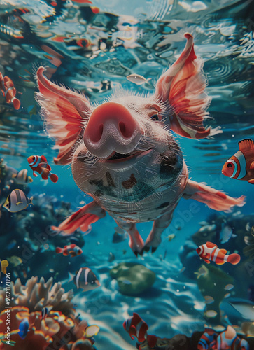 
Surreal playful concept of nature, animals and summer with a  piglet swims underwater. 
 photo