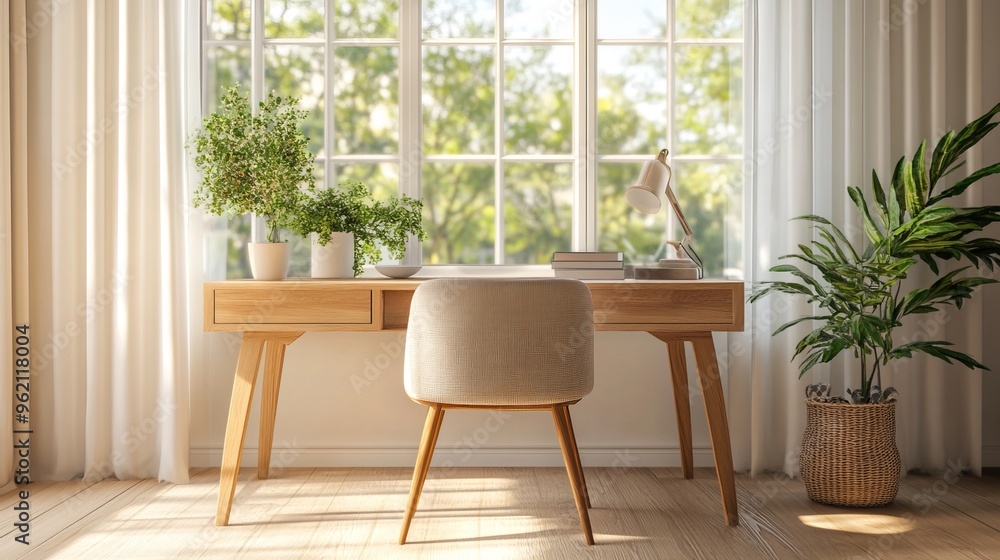 A tranquil space features a wooden desk and cozy chair placed against large windows on a light-colored backdrop. The modern furnishings and interior design create a serene ambience within the room. A tranquil space features a wooden desk and cozy chair placed against large windows on a light-colored backdrop. The modern furnishings and interior design create a serene ambience within the room.