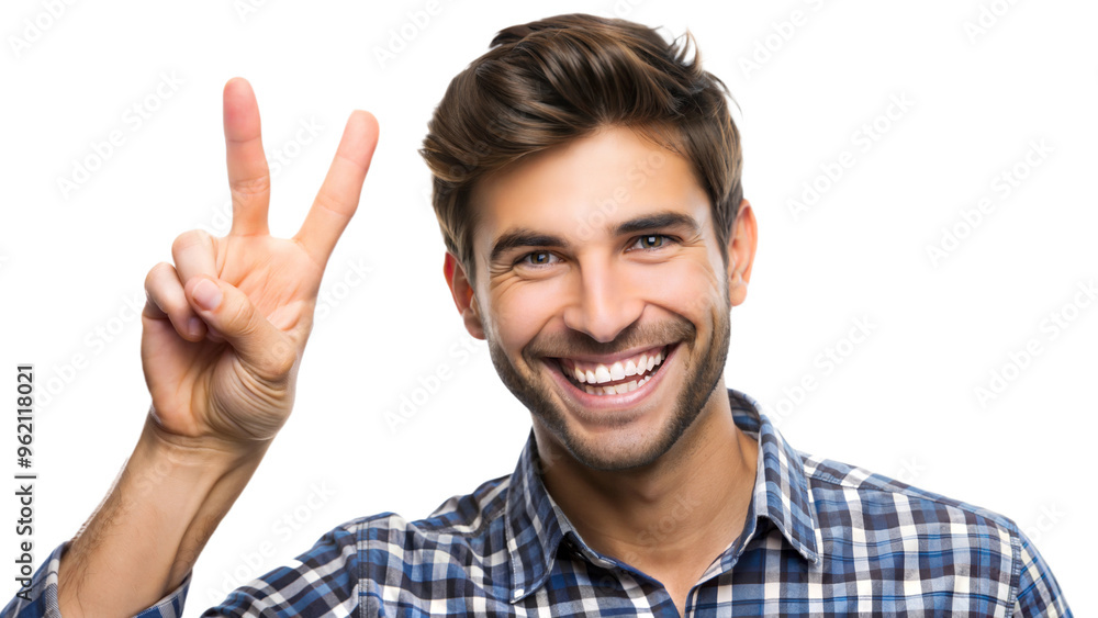Young man smiling and making peace sign indoors, cut out transparent Young man smiling and making peace sign indoors, cut out transparent