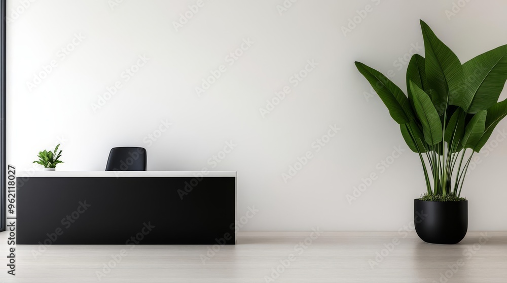 Modern office space with minimalist black and white furniture, clean-lined desk, and large indoor plant, balancing function and style Modern office space with minimalist black and white furniture, clean-lined desk, and large indoor plant, balancing function and style