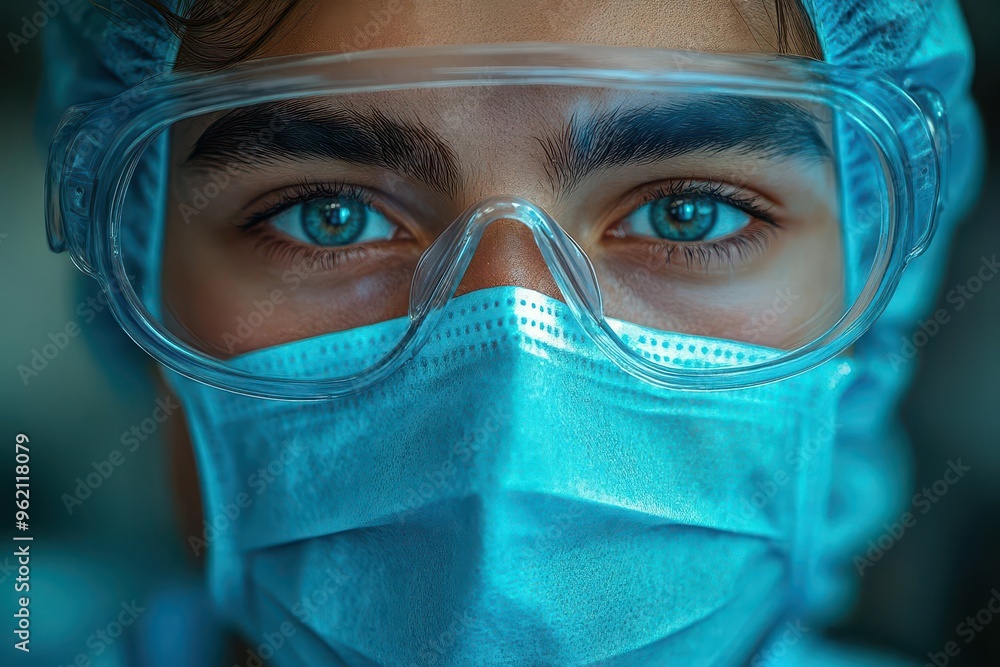 portrait of young doctor in ppe determined expression clinical setting dramatic lighting emphasizing professionalism and dedication portrait of young doctor in ppe determined expression clinical setting dramatic lighting emphasizing professionalism and dedication