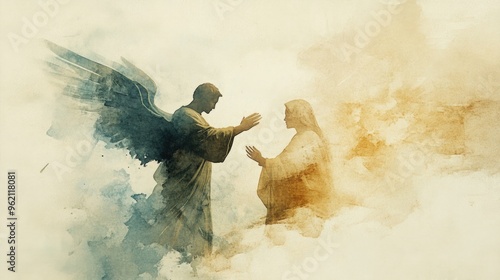 Annunciation. Angel Gabriel announcing to Mary that she will conceive and give birth to Jesus. Watercolor digital painting.