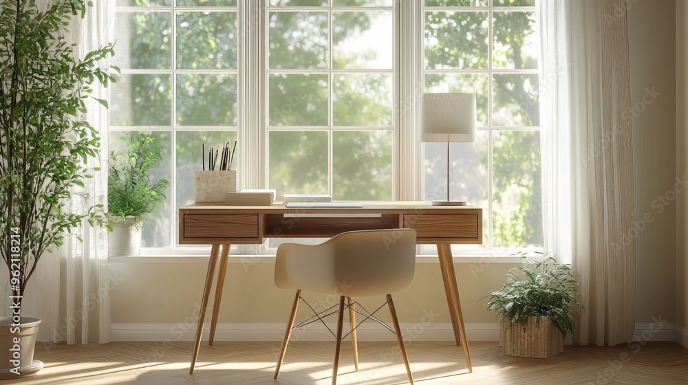 Fototapeta premium A tranquil space features a wooden desk and cozy chair placed against large windows on a light-colored backdrop. The modern furnishings and interior design create a serene ambience within the room. 