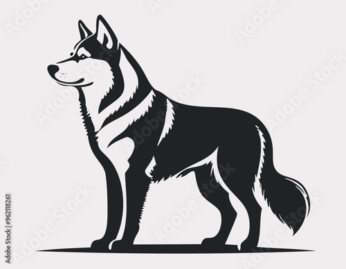 Alaskan silhouette. Isolated Alaskan Malamute sitting sketches hand drawn animal illustration.