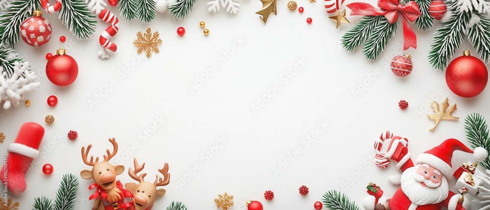 Festive Christmas decorations frame with Santa Claus, reindeer, candy canes, ornaments, and pine branches. Perfect for holiday celebrations. Festive Christmas decorations frame with Santa Claus, reindeer, candy canes, ornaments, and pine branches. Perfect for holiday celebrations.