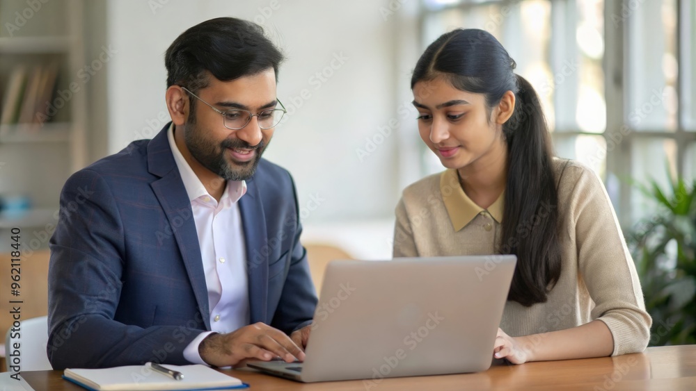 An Indian male teacher advising university student girl on career options, with resources and guides available for exploration. An Indian male teacher advising university student girl on career options, with resources and guides available for exploration.