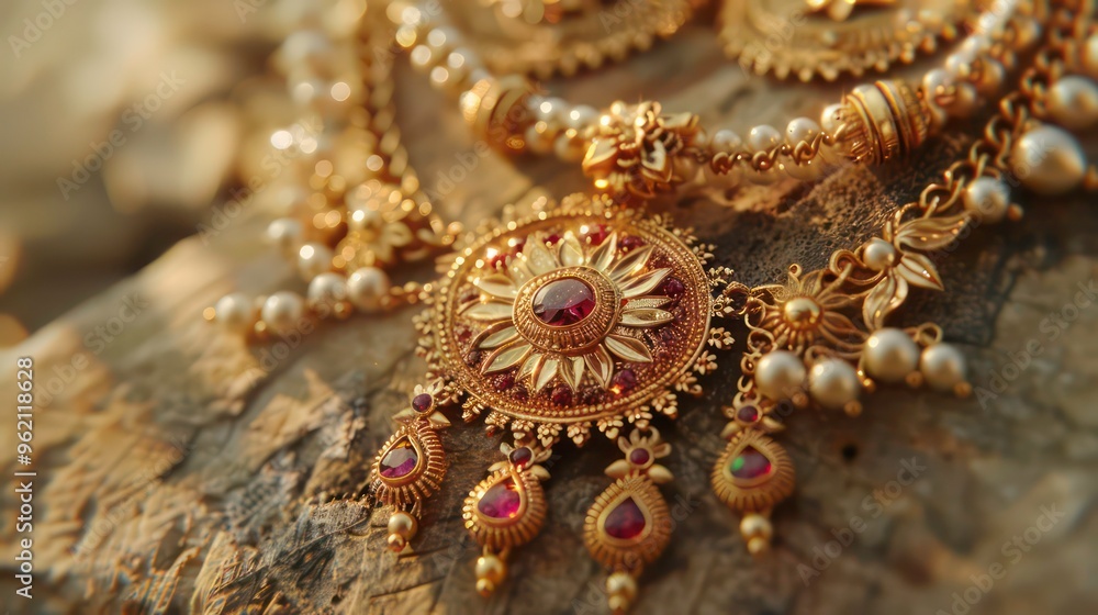 A close-up of a traditional Indian gold necklace with a ruby pendant resting on a wooden surface. A close-up of a traditional Indian gold necklace with a ruby pendant resting on a wooden surface.