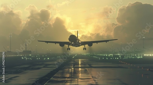 Airplane Landing at Sunset photo