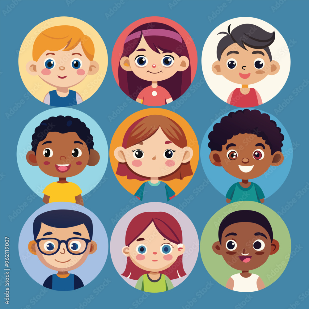 Character set of Avatars collection of children. Cute faces of different nationalities boys and girls. Vector illustration Character set of Avatars collection of children. Cute faces of different nationalities boys and girls. Vector illustration