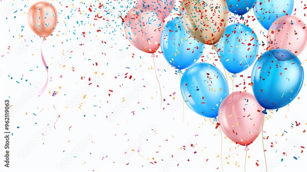 A group of balloons in blue, gold, and pink colors are floating in the air, with confetti falling around them. A group of balloons in blue, gold, and pink colors are floating in the air, with confetti falling around them.