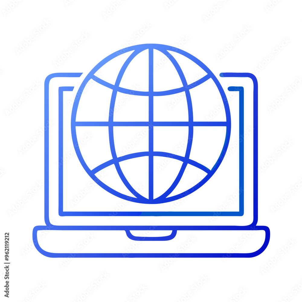 Blue globe and laptop icon, flat design, simple and modern, global technology and online education symbol on white background Blue globe and laptop icon, flat design, simple and modern, global technology and online education symbol on white background