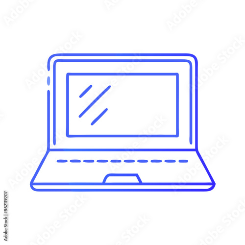 Blue laptop with open screen icon, flat design, simple and modern, technology and computing symbol on white background