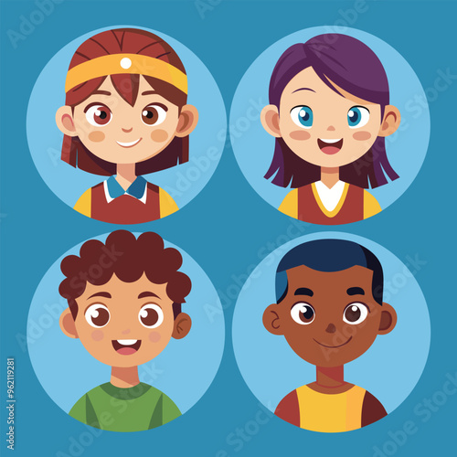 Character set of Avatars collection of children. Cute faces of different nationalities boys and girls. Vector illustration