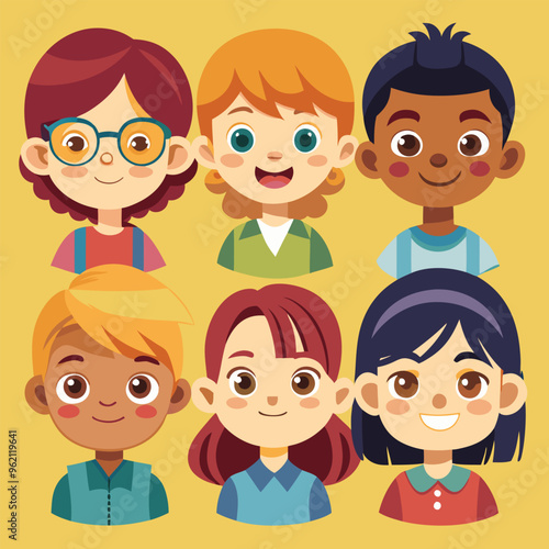 Character set of Avatars collection of children. Cute faces of different nationalities boys and girls. Vector illustration