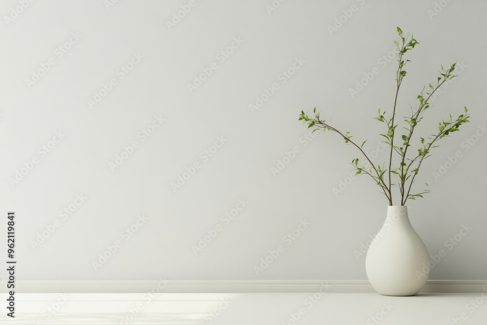 White Vase with Green Branches Against a White Wall White Vase with Green Branches Against a White Wall