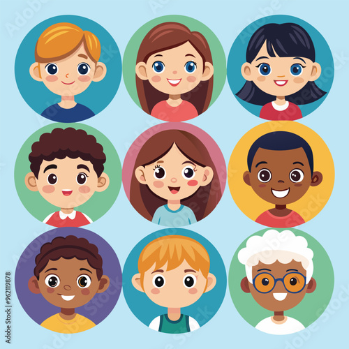 Character set of Avatars collection of children. Cute faces of different nationalities boys and girls. Vector illustration