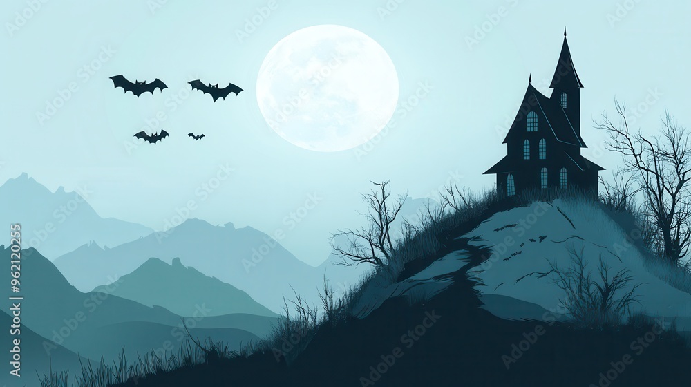 Fototapeta premium A spooky haunted house sits atop a hill, silhouetted against a full moon, with bats soaring through a dark, eerie night sky