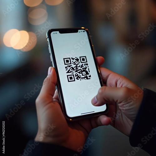 Close-up of hand using phone with QR code screen. Blurred city background. photo