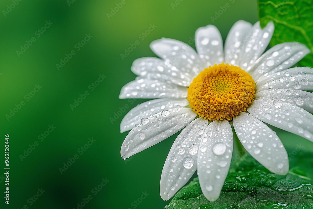 Chamomile flower with water drops on a green stem, white flower on a green background. Beautiful advertising banner. Chamomile flower with water drops on a green stem, white flower on a green background. Beautiful advertising banner.