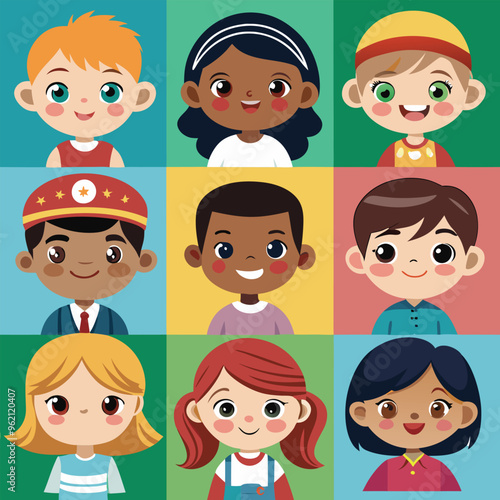 Character set of Avatars collection of children. Cute faces of different nationalities boys and girls. Vector illustration