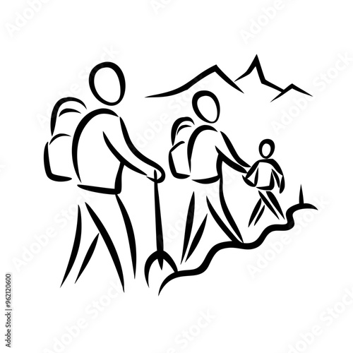 Stylized hikers trekking in the mountains, minimalist line art illustration